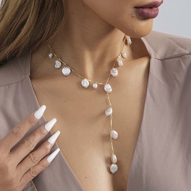 Vintage White Imitation Pearl Tassel Necklace For Women Punk Metal Irregular Long Chain Necklace Wedding Jewelry Gifts