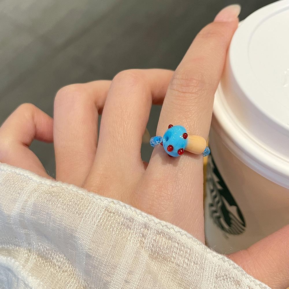 Colorful Mushroom Bead Ring New Elastic Rope Design Cute Playful Women Dopamine Finger Ring Trendy Contrast Color Party Jewelry