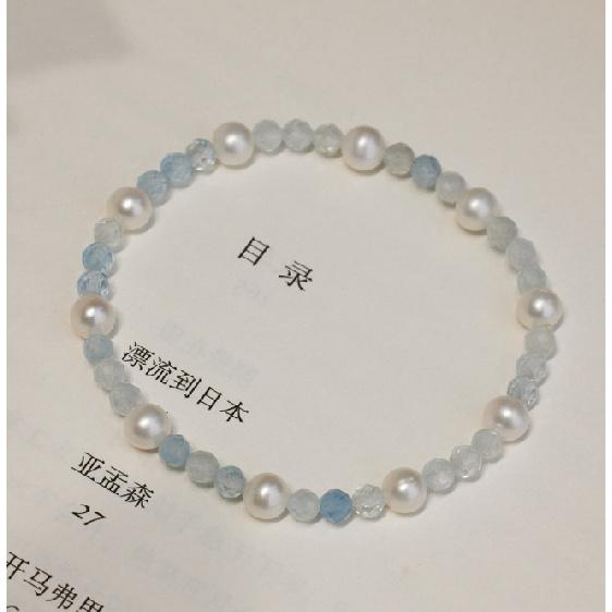 Natural freshwater pearl bracelet, natural aquamarine beaded elastic string bracelet, fresh and stylish fashion jewelry Interval payment
