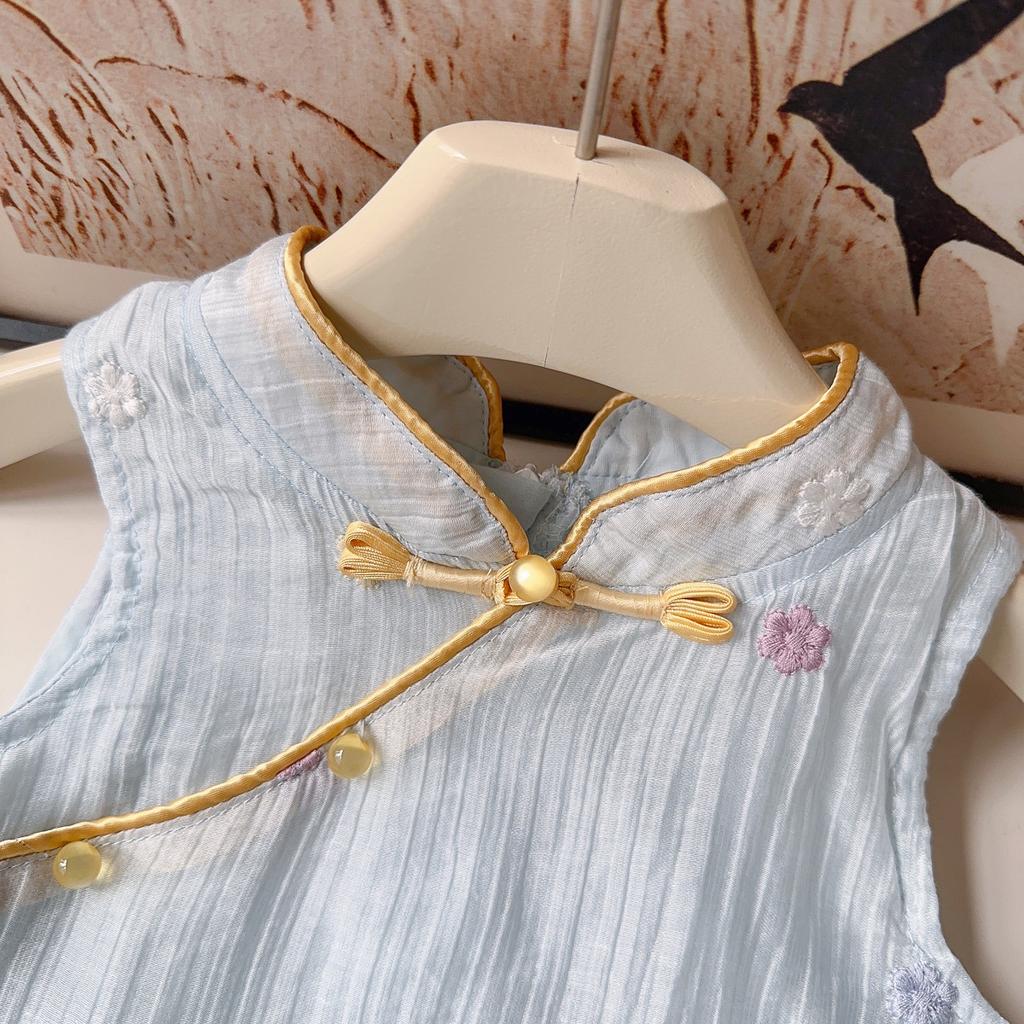 Girls Summer Chinese Embroidered Floral Vest Dress with Ruffled Hem Qipao Cheongsam Dress for Kids