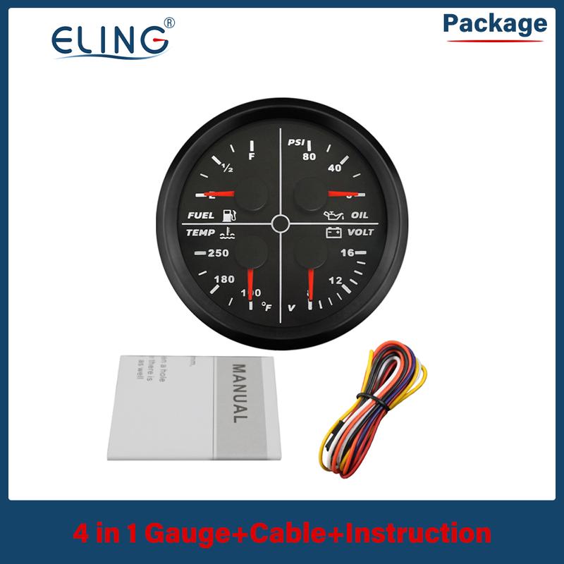 ELING 85mm 4 in 1 Multifunction Meter Oil Pressure 5Bar 10Bar 80PSI Water Temperature Oil Level 8-16V Voltmeter for Cars Ships
