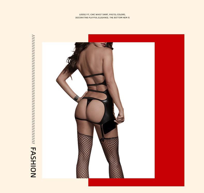 Sexy Strappy Cutout Faux Leather PU Backless See-Through Uniform