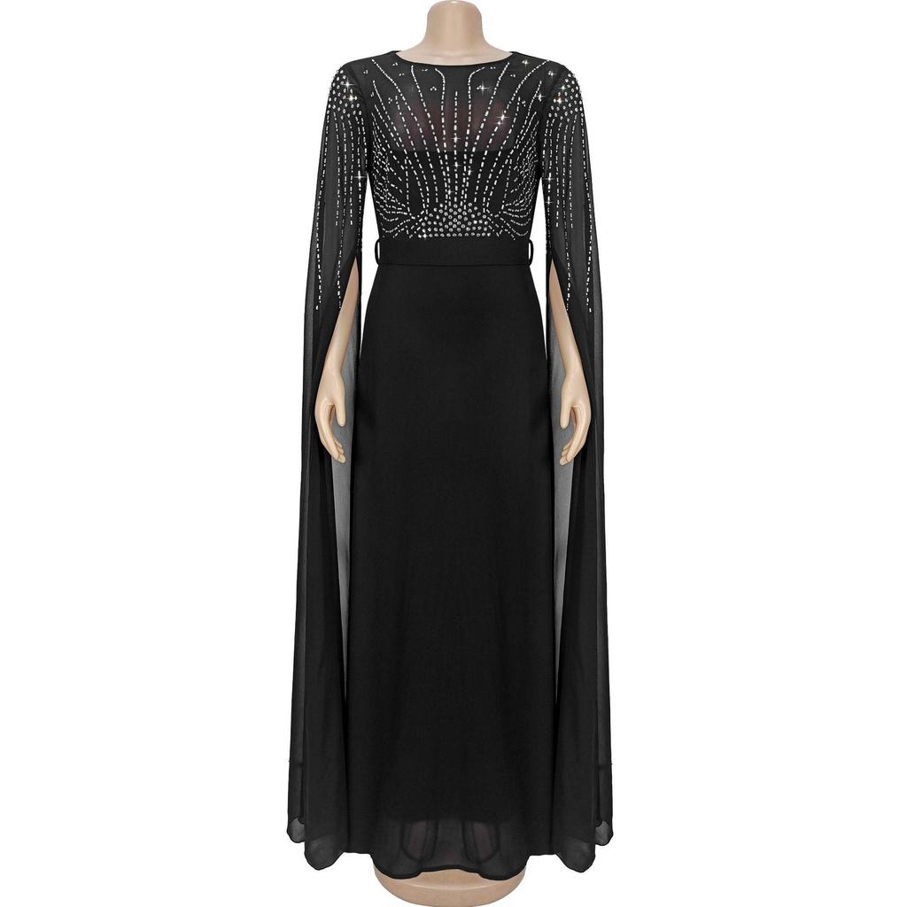 Elegant European & American Fashion Women's See-through Dress with Hot Drilling Details.
