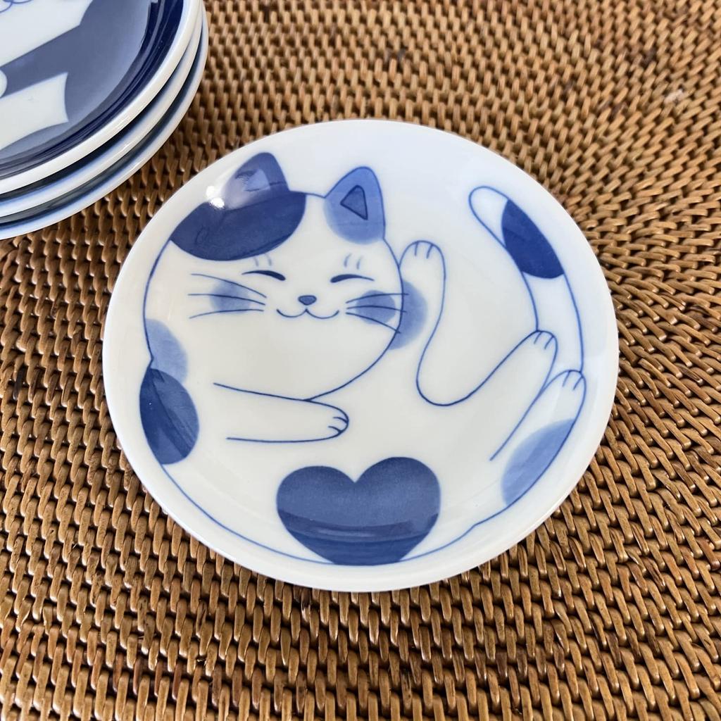 Fukubeya Mino Ware Malý talíř Nekogura 10 cm Vzor kočky Tora Sada 4 modrých kulatých talířů Přijímač malých kořenících sladkostí - Hachiware, Mike, Shima, -