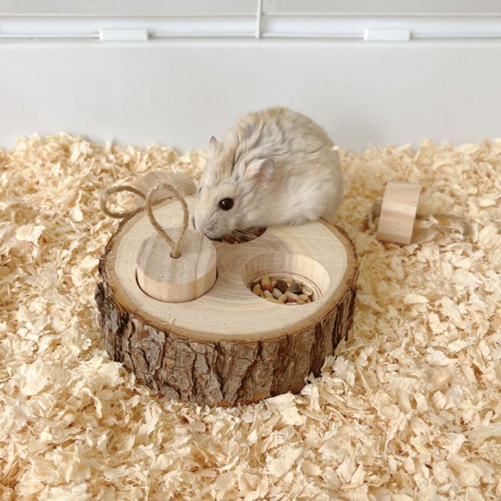 Natural Wood Bunny Toy Round Shaped 3-Grid Hamster Foraging Toy Educational Toy Bite-resistant Rabbit Chewing Toy Pet Supplies