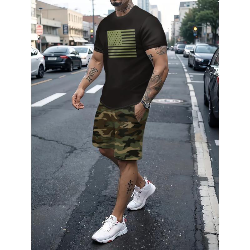 

Summer 2-piece Men s Casual Sports Outfit Set Men s Flag Print Short Sleeve T-shirt Camo Shorts Set XXXL