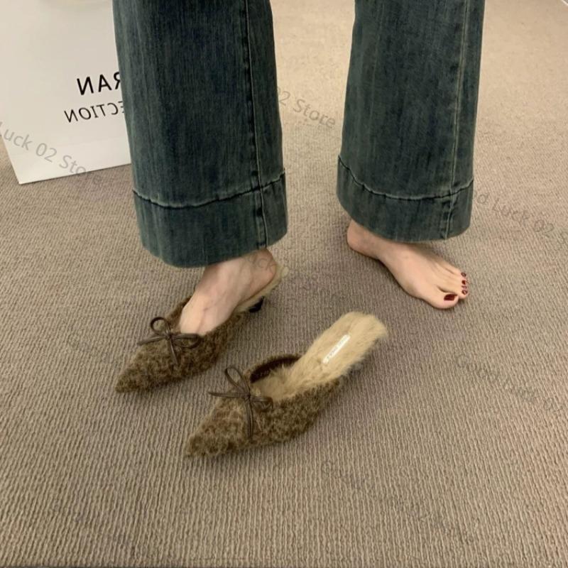 Fashion 2025 High Heel Plush Slides Woman Fashion Elegant Pointed Toe Lamb Hair Slippers Ladies Luxury Plush Evening Party Pump Shoes