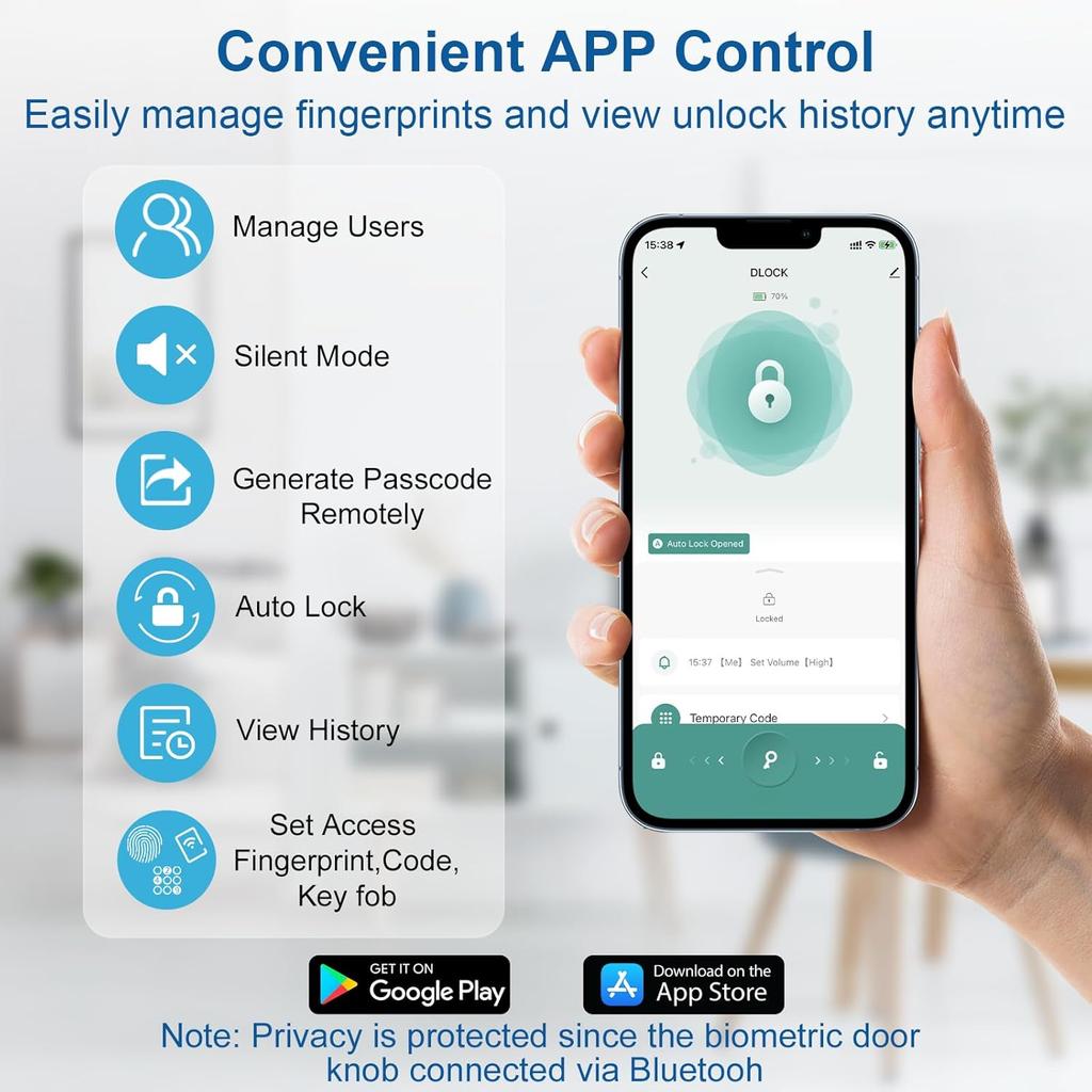 Fingerprint Door Lock Smart Fingerprint Door Knob with Keyless Entry Biometric Door Lock with Keypad App Control Easy Installation for Home Bedroom