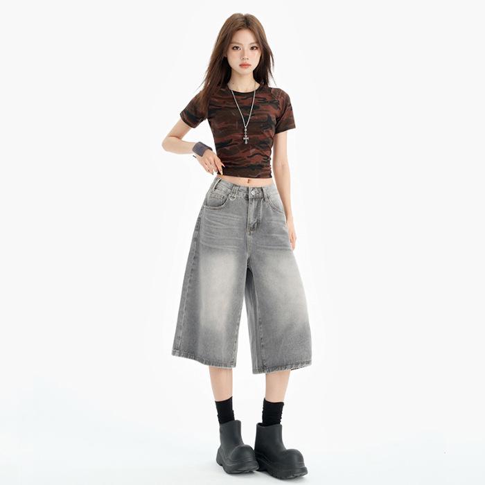 

Women s 2025 Retro Wide-Leg Denim Jeans: Trendy, Versatile, Mid-Length Summer Pants Extra Small