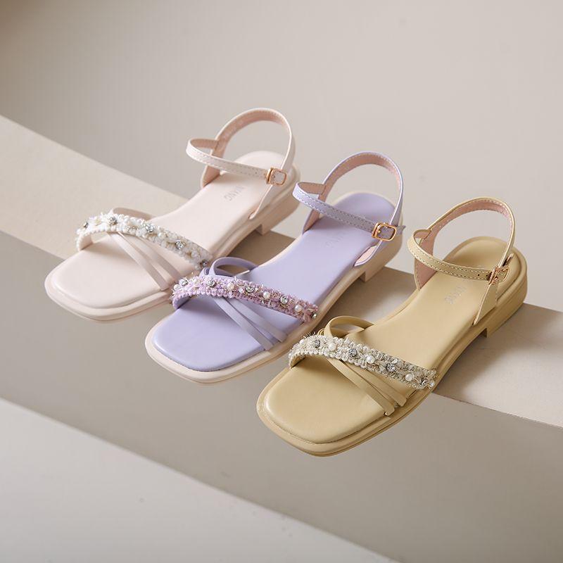 Fashion Sandals for Women Diamond Pearl Purple with Low Heels Woman Shoes Summer 2025 Offers Sale Asian Size Luxury Cheap Liquidation On