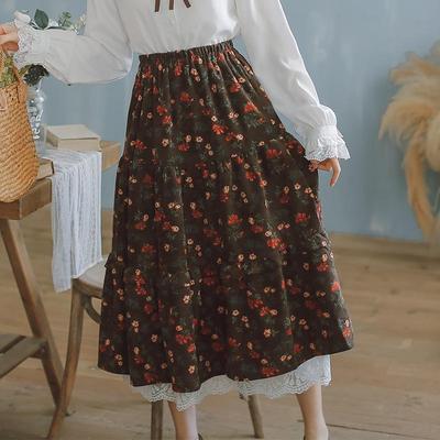 Yeni Japon Mori Kız Kadın Midi Etek Yüksek Bel Lacivert Kahverengi Çiçek Etek Dantel Ruffles Vintage Zarif Kadife Etek