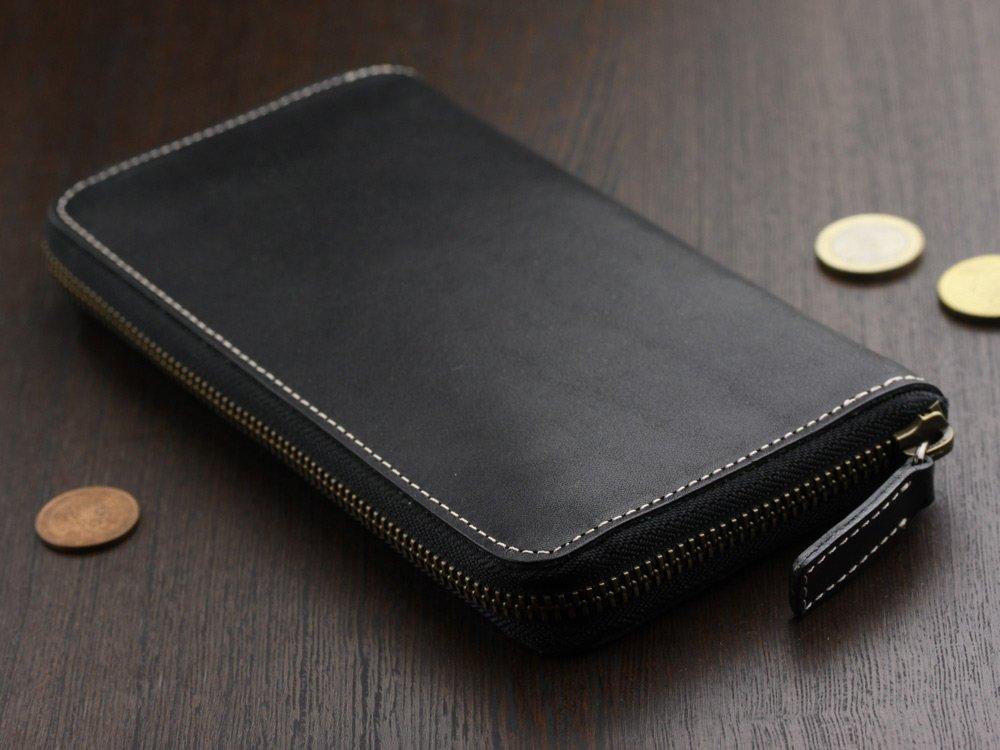 ABIES Round Zipper Long Wallet, Black, Made in Japan with Tochigi Leather Cowhide