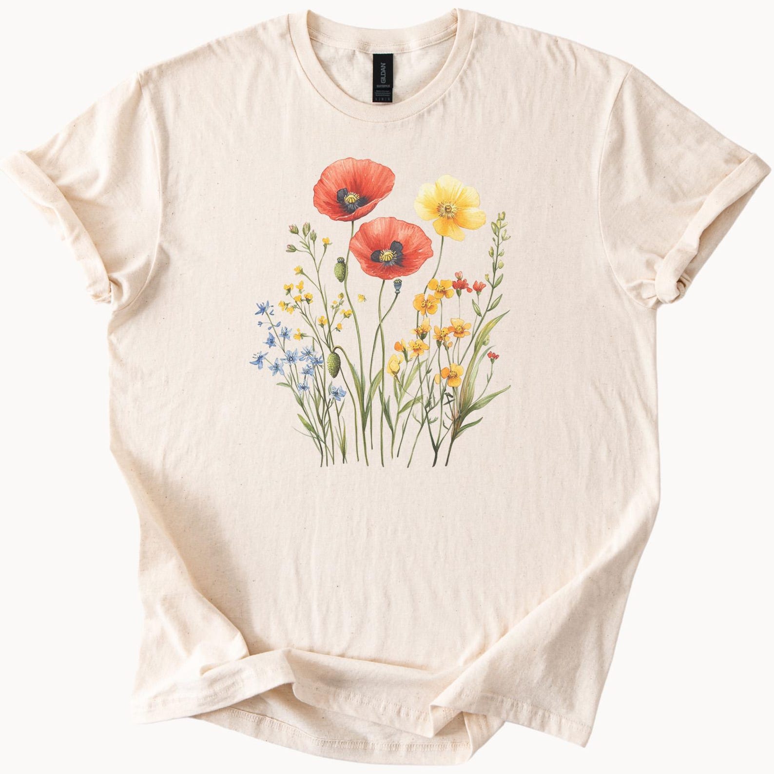 Wildflower Graphic T Shirt with Red Poppies Yellow Buttercups and Blue Flowers Nature Botanical Art Tee Floral Shirt Gift for Her 120