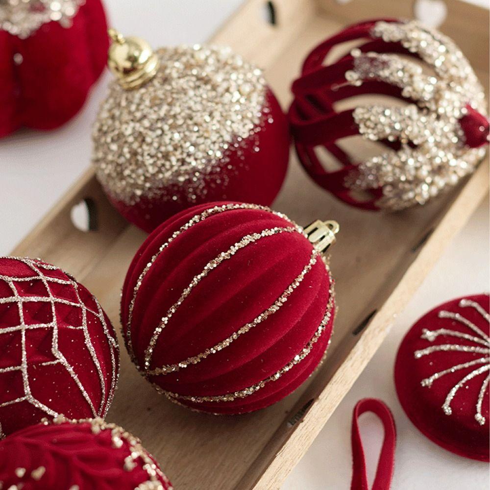 Glitter Flocked Christmas Balls Pendant Wine Red Merry Christmas Decor  Home New Year Decor