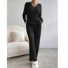 Western Style Spring and Autumn New Cross-Border V-neck Solid Sunken Stripe Loose Long Sleeves Shirt Trousers Casual Two-piece Suit Women Clothes