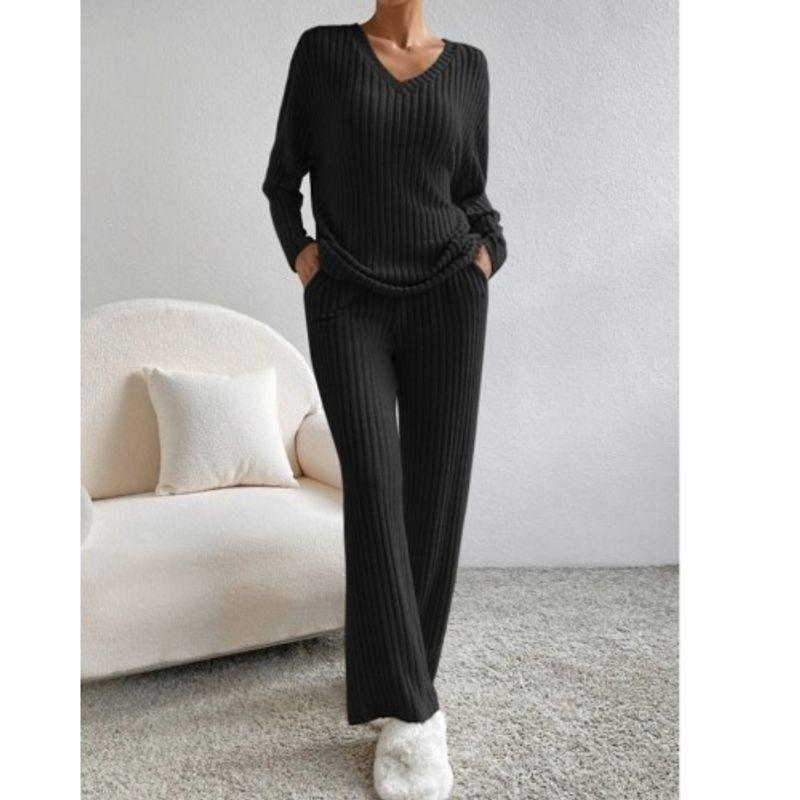 Western Style Spring and Autumn New Cross-Border V-neck Solid Sunken Stripe Loose Long Sleeves Shirt Trousers Casual Two-piece Suit Women Clothes