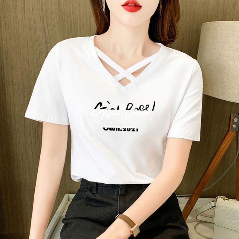 Women's 100% Pure Cotton Crossover V-Neck Short Sleeve T-Shirt - 2024 Korean Casual Summer Fashion Trend