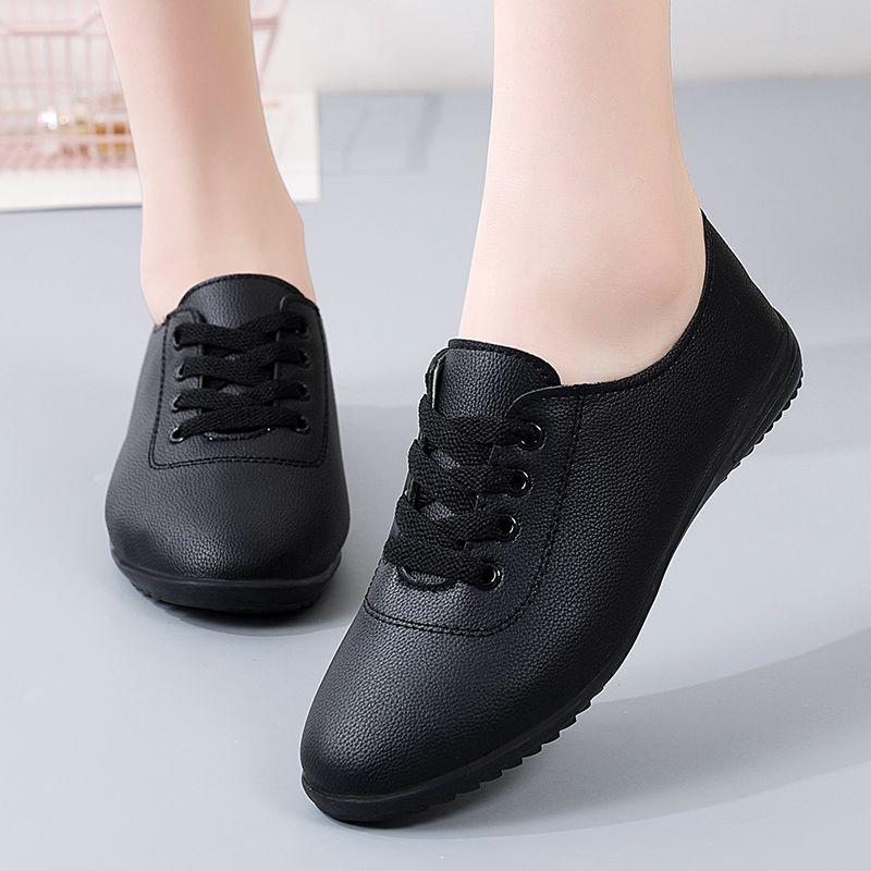 

Small Leather Shoes Women s Beef Tendon Soft Sole Spring and Autumn Single Shoes Flat-soled Lace-up Mother Shoes Velvet Black Work Shoes 35