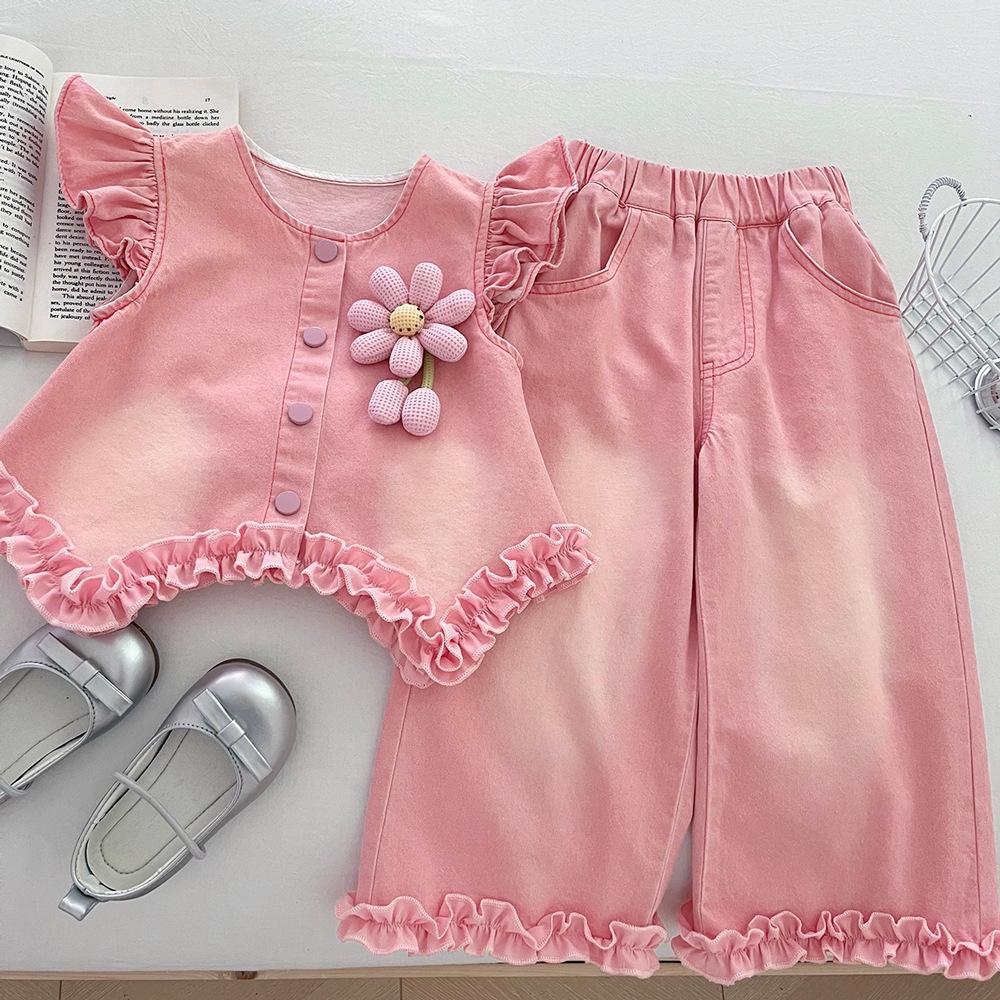 Girls' Trendy Denim Three-Piece Set: Fly Sleeve Top, Wide Leg Pants, and Shirt