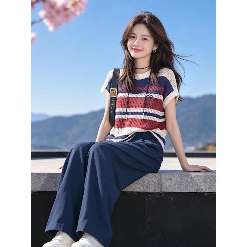 Women s Color Block Horizontal Stripe Hollow Knit Round Neck Sleeveless Vest S