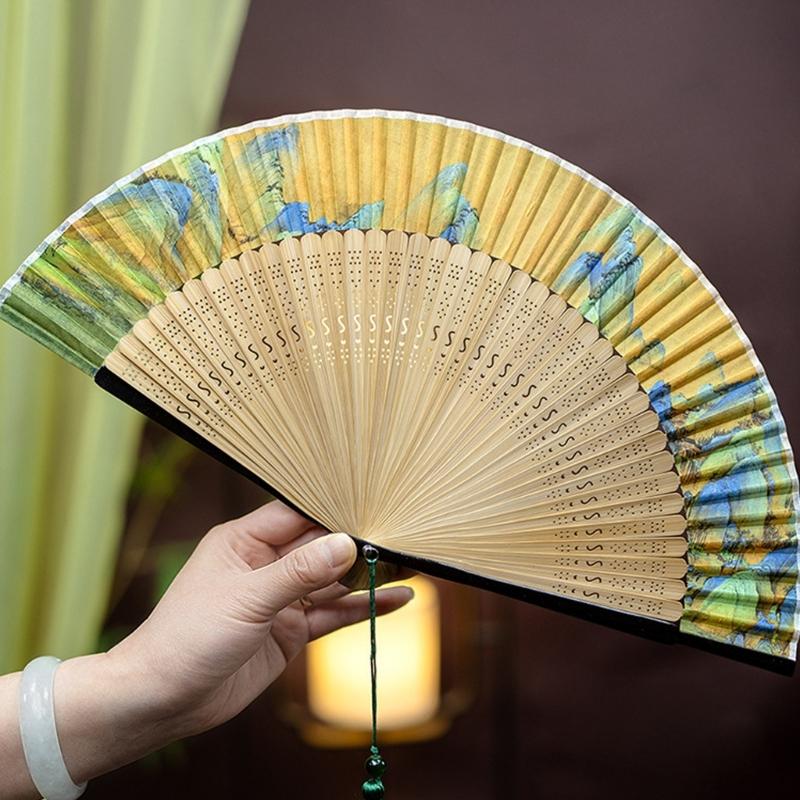 Landscape Handheld Folding Fan Hand Held Fabric Bamboos Fan Hollowed Hand Foldable Fan for Dancing Wedding Decorations