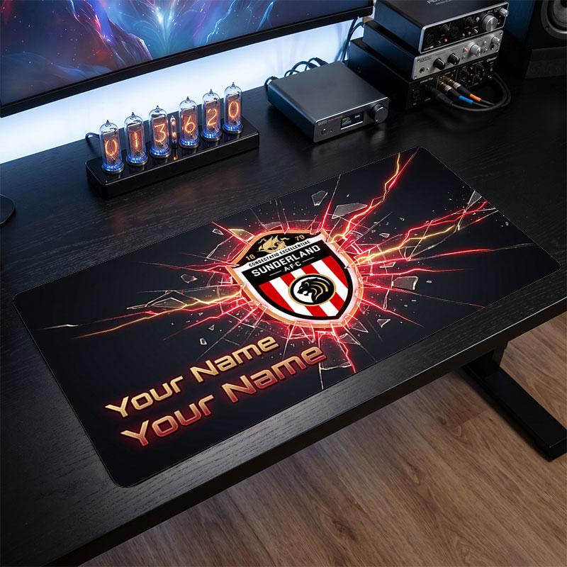Sunderland FC Custom Large Mouse Pad, Personalized Name Text Print, Football Logo Non‑Slip Desk Mat Gaming Gift