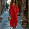 Women's Fashionable Sexy Style Deep V-Neck Long-Sleeve Solid Color  Wear Wide-Leg Pants Jumpsuit