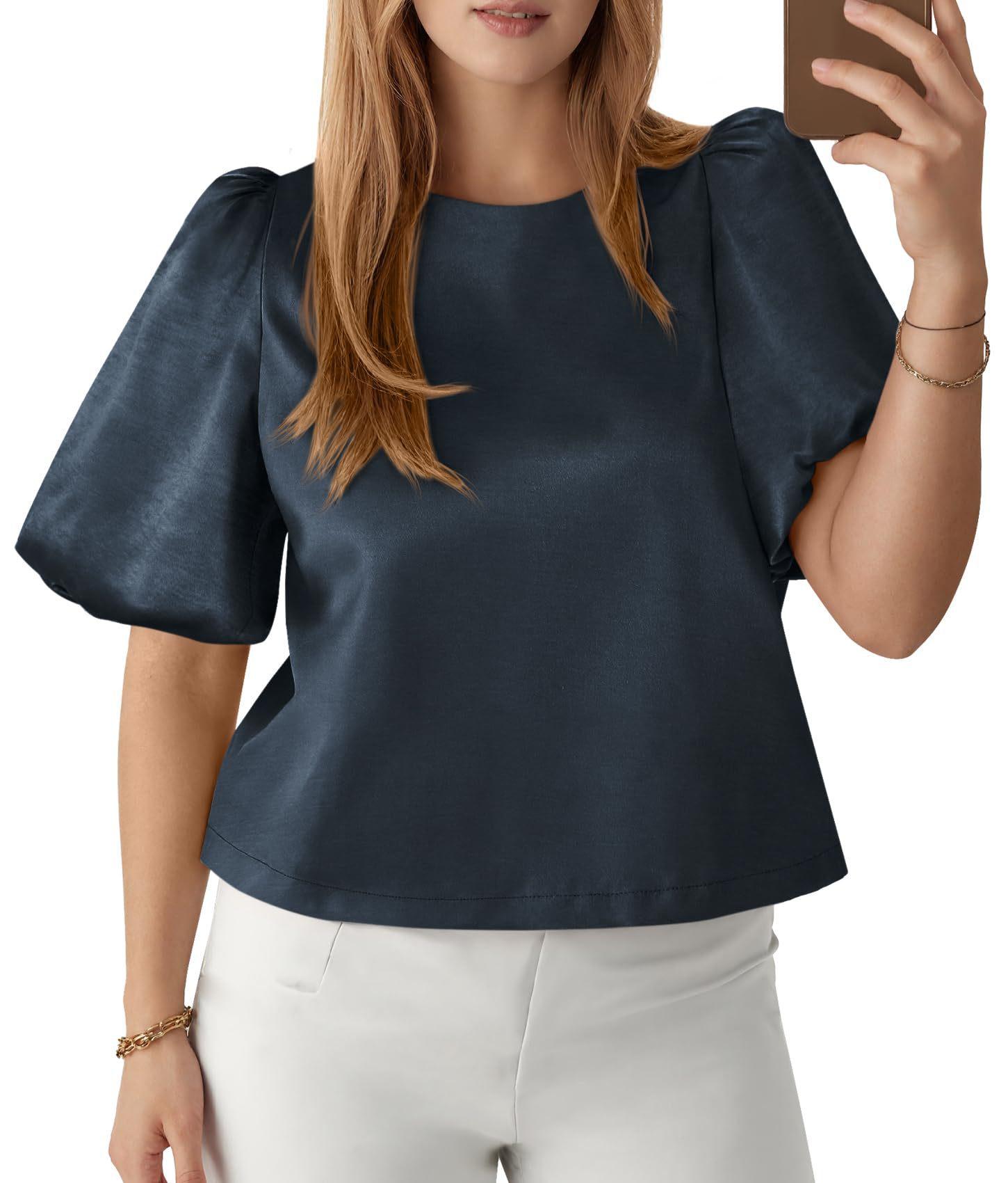 

New Elegant Women s Round Neck Satin Puff Sleeve Pullover Babydoll Top XL темно-синього кольору
