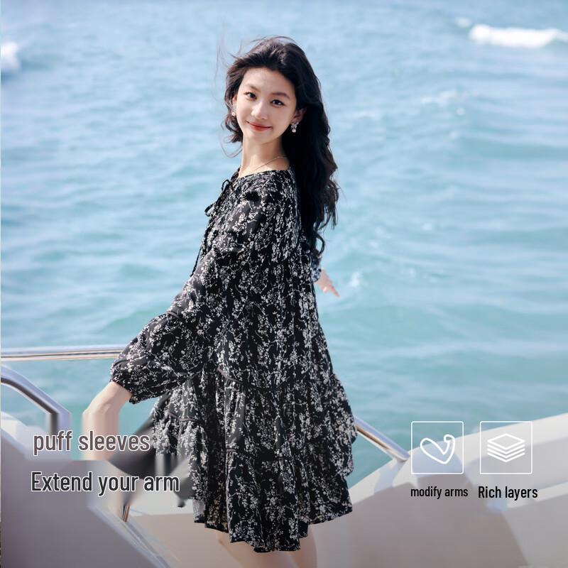 

Qiushuiyiren 2025 Spring Romantic Retro Tie-Neck Dress XL