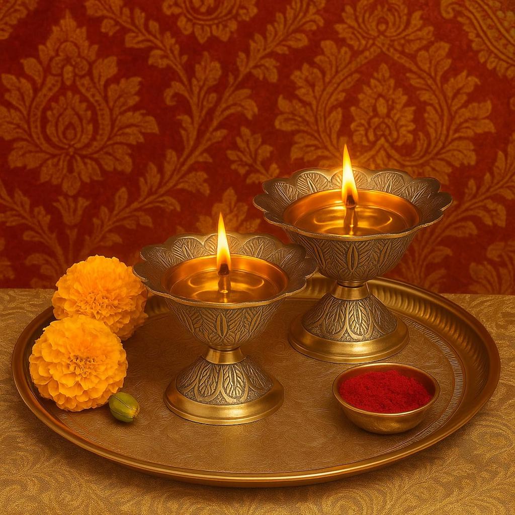 Brass Akhand Diya/Oil Lamp for Pooja, Mandir and Home Decoration (L-6.985 CM) 2pcs