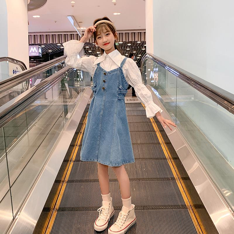 Girls' Spring 2025 Denim Skirt & Shirt Set - Big Kids Korean Style Two-Piece Overalls