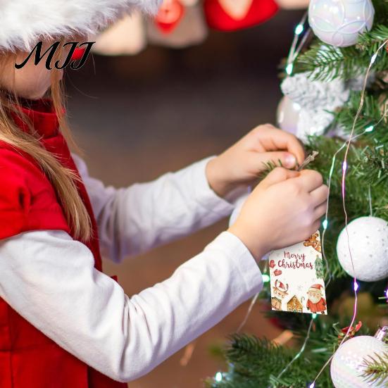 Small Paper Labels 50 Pcs Christmas Gift Tags, Merry Thick with Tree Ornaments Jute Rope for Holiday Wrapping, DIY Crafts, New Year Party Favors