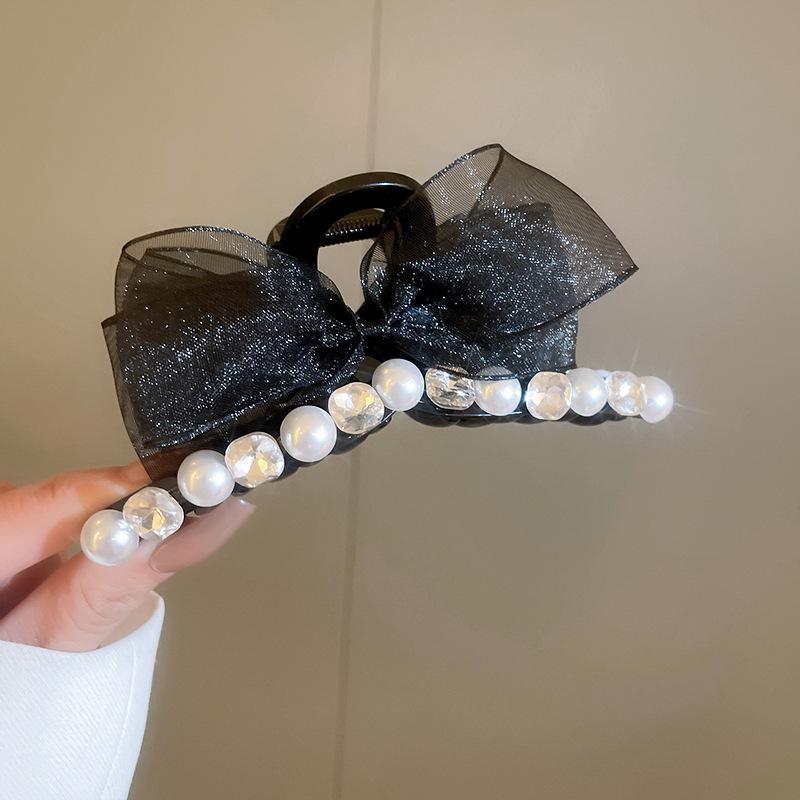 oversized bow mesh multi-layer pearl feather hairpin elegant spring clip fashion temperament versatile hair accessories