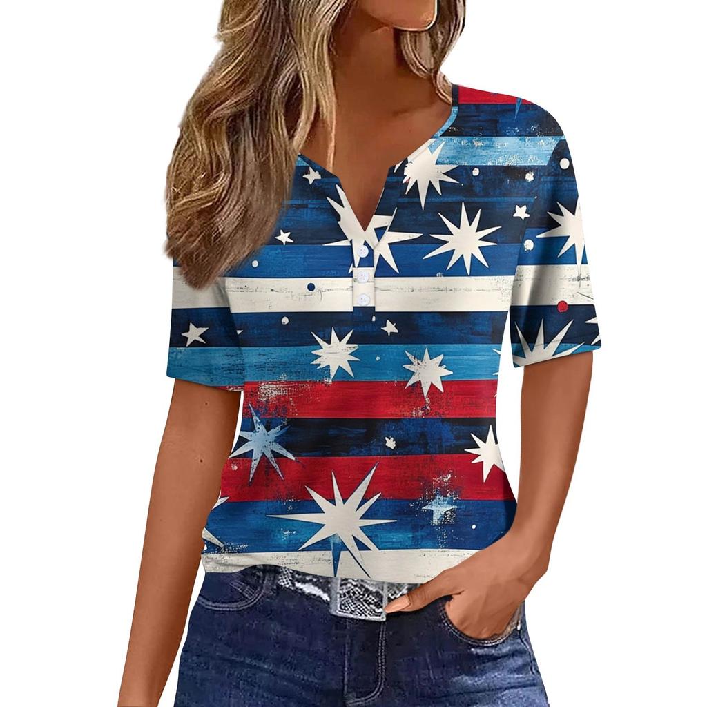 Women's Fashion Casual Independence Day Printed V-Neck Short Sleeve Button Top