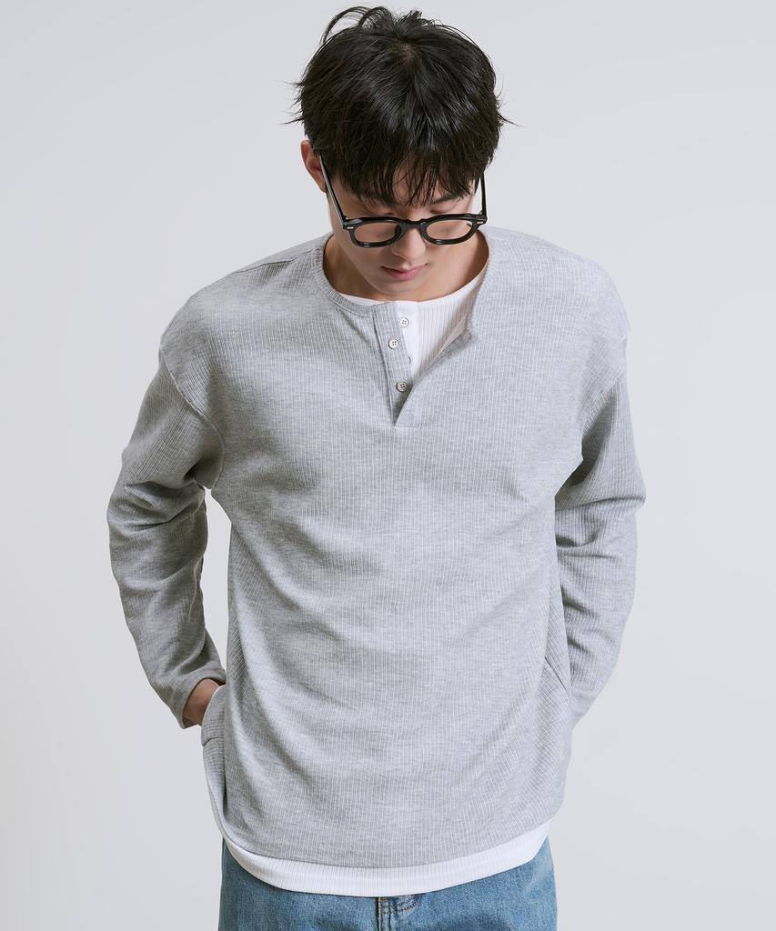 Ousa Henley Neck Layered Long Sleeve T-Shirt 3 Colors