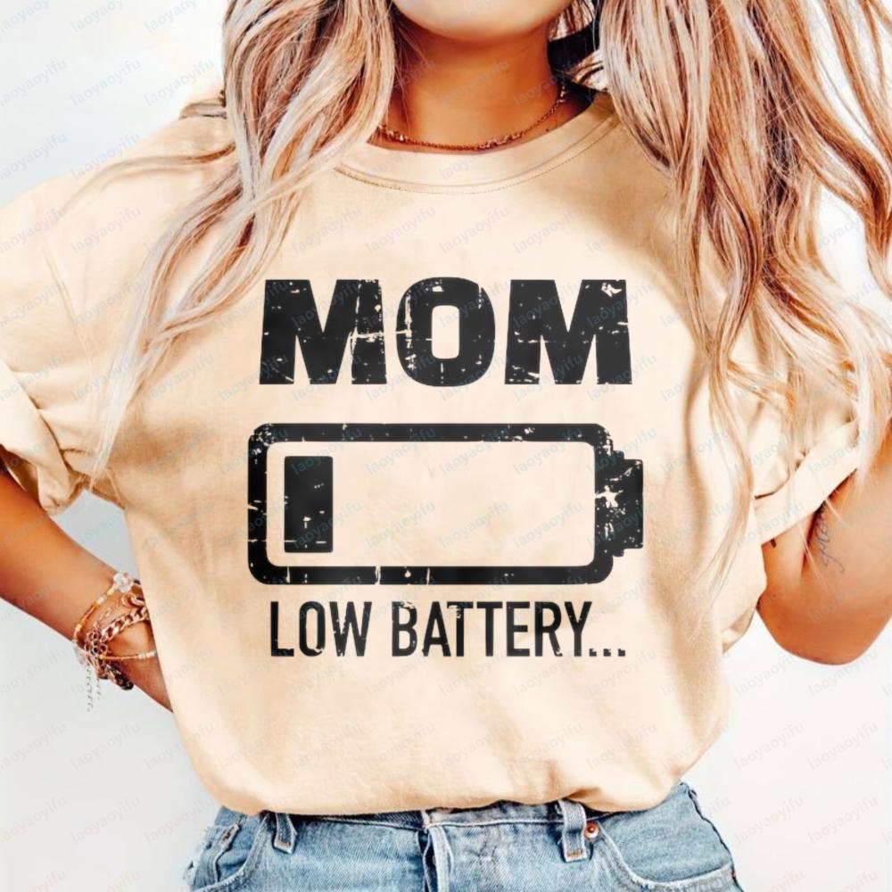 Mom Low Battery Graphic Print Cotton T-Shirt Funny Simple Mother's Day Gift Retro Casual Summer Trendy Tops for Women Ropa Mujer