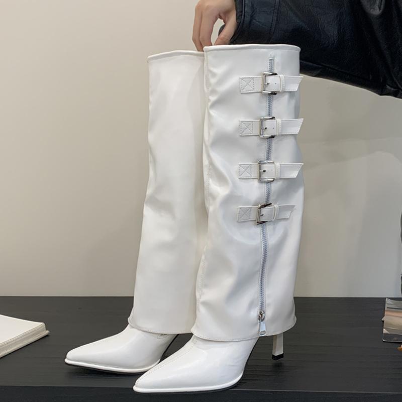 Eilyken Design Belt Buckle Knee High Boots Women Winter Sexy Thin Heels Pointed Toe Zipper Stripper Shoes  De Mujer