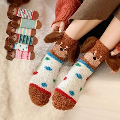 Dachshund Dog Socks - Children's Coral Fleece Mid-calf Socks for Winter Trendy Cartoon Thick Home Sleeping Floor Socks