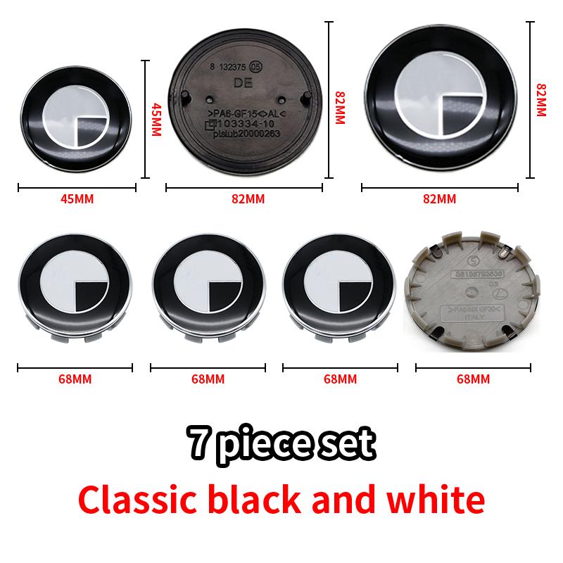 Car Black White BMW Logo Front Hood Emblem 82mm Rear Badge 74mm Wheel Hub Cap 68mm 56mm steering wheel sticker 45mm Accessories