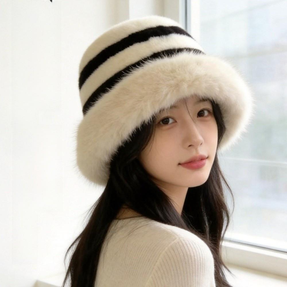 Wide Brim Fur Bucket Hat Faux Fur Striped Fisherman Cap Fashion Plush Hat  Winter