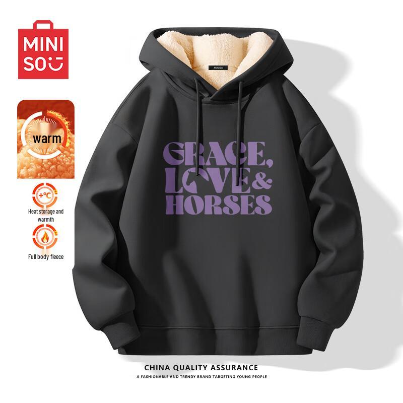 

MINISO Men s Winter Lambswool Hooded Letter Print Sweatshirt 2XL