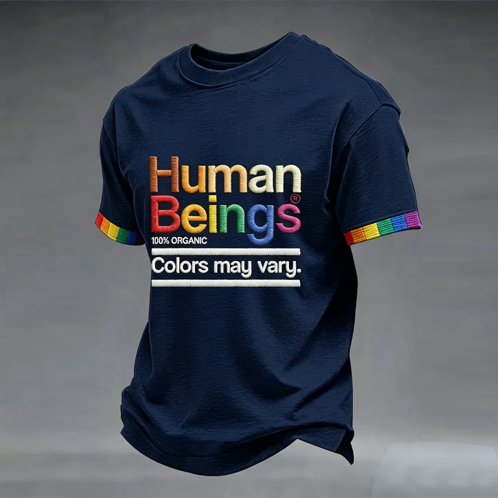 

Short Sleeve Crewneck T Shirt with Human Beings Print 100 Percent Cotton Unisex Casual Top Rainbow Trimmed Cuffs XL