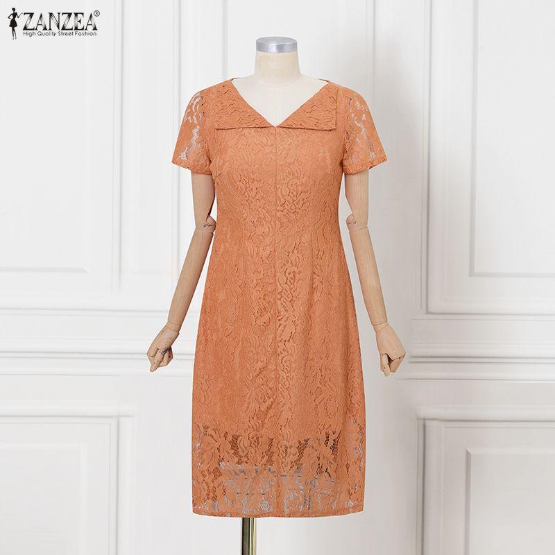 ZANZEA Women Casual V-Neck Short Sleeve Hollow Lace Patchwork Elegant Dress