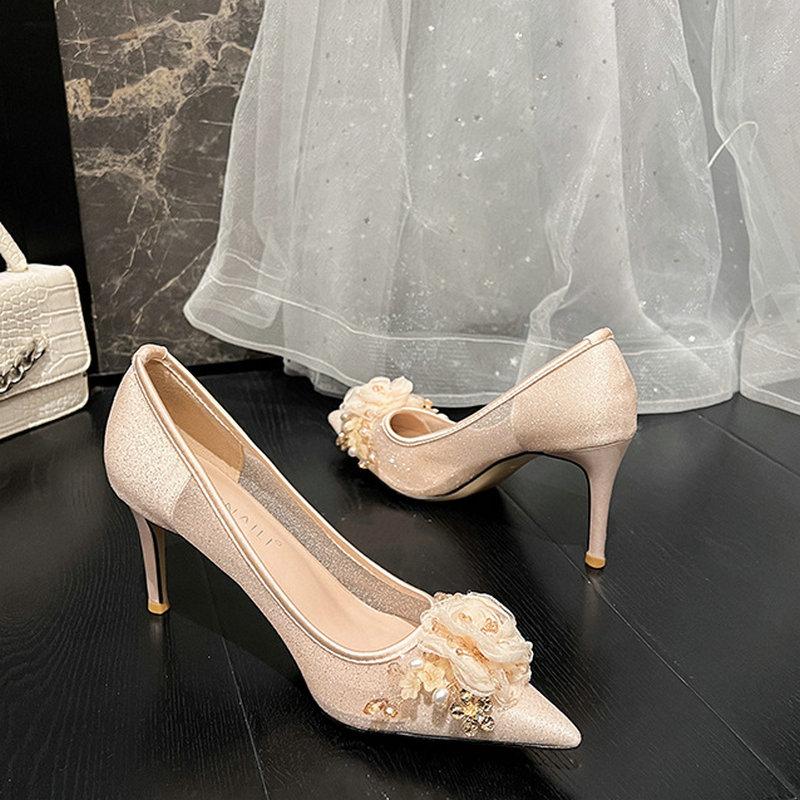 

Fashion Wedding Shoes Women 2025 French Bridal Shoes Mesh Top Flower Main Wedding Dress High Heels Bridesmaids Champagne Single Pumps 41 шампанского