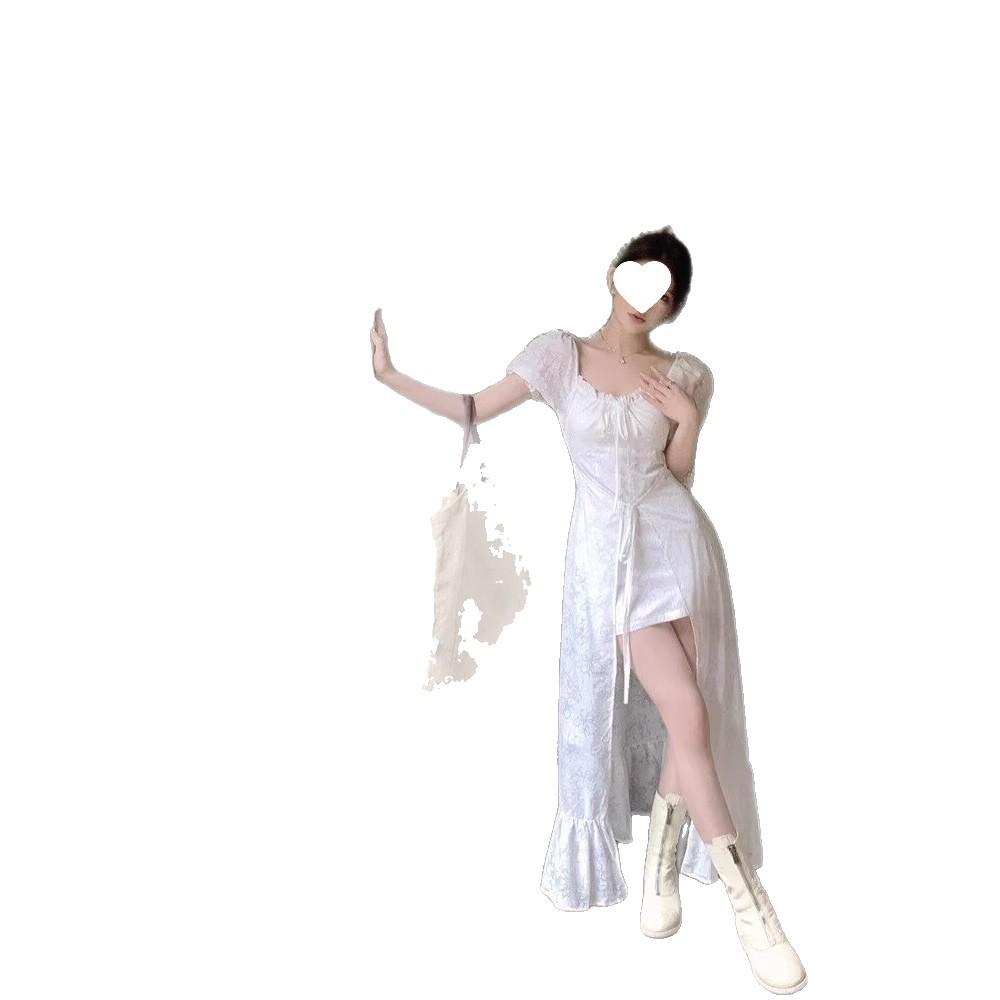 White Ballet-Style Square Neck Dress with Tie-Up, Puff and Long Sleeves, Ruffles, Women's Summer Skirt