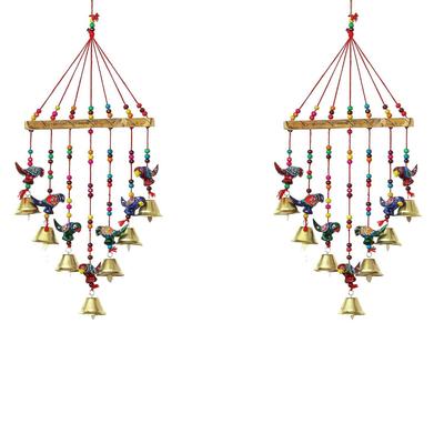 2er-Set handgefertigte Papageienvögel, dekorative Wand-/Tür-/Fensterbehänge mit Glöckchen, Schaustücke für die Heimdekoration – Geschenk für Diwali, Navratri, Dussehra