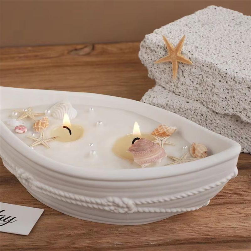 AEE4-Candle Vessel Silicone Mold Oval Bowl Candle Boat Jar Molds Rope Pattern Epoxy Resin Storage Tray Plaster Mould