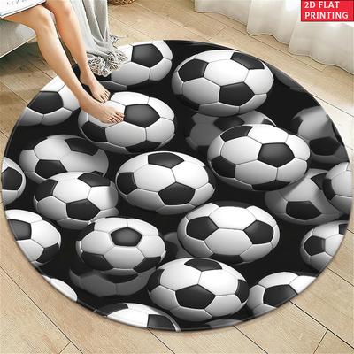 2D Multiple Soccer Balls Round Rug Flannel Sports Theme Living Room Bedroom Floor Mat Home Decoration Football Fan Gift Carpet