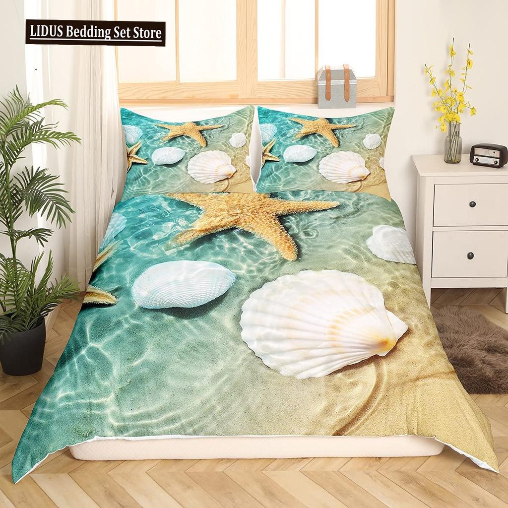 Letni Zestaw Poszwy na Kołdrę Queen Plażowy Zestaw Pościeli Oceanicznej Hawajskie Palmy Życie Morskie Fale Morskie Ryby Nadruk Zestaw Poszwy na Kołdrę