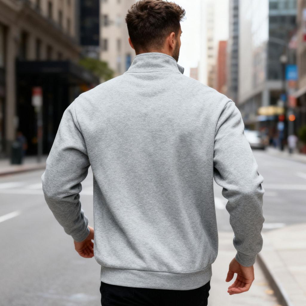 Men's Autumn/Winter Heavyweight Fleece Sweatshirt with Embroidered Logo Design, Half-Zip Stand Collar